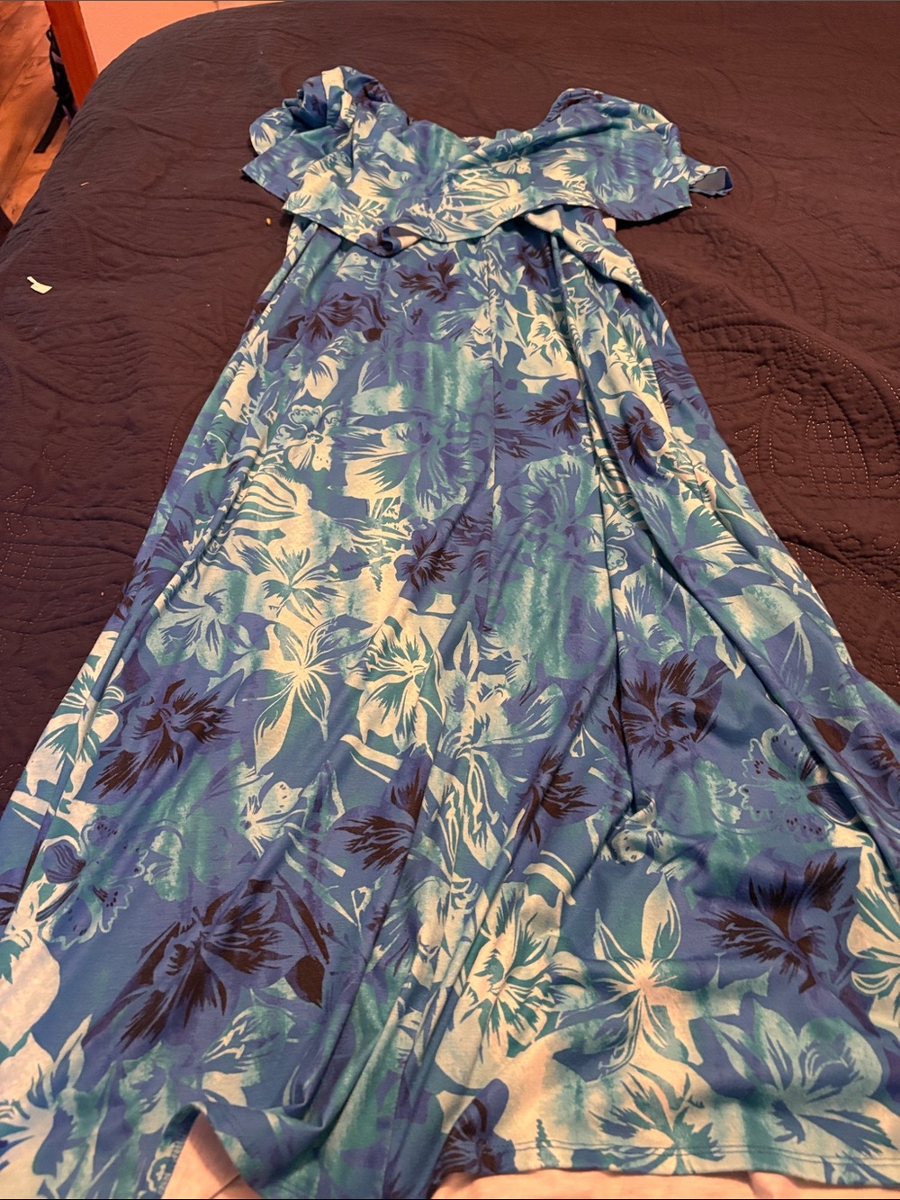 Catherines Blue Green Floral Ruffle Maxi Dress